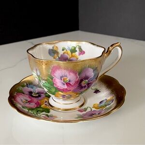 "Spring Melody" Gold Pansies Cup & Saucer - Queen Anne's China